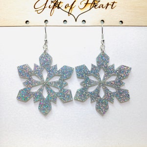 Glitter Snowflake Earrings, Winter Rainbow Acrylic Statement Earrings Pierced or Clip-on