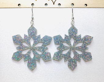 Glitter Snowflake Earrings, Winter Rainbow Acrylic Statement Earrings Pierced or Clip-on