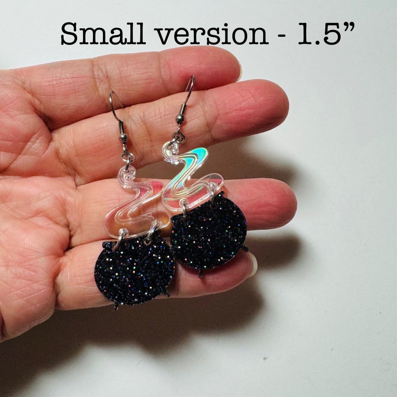Black Cauldron Acrylic Earrings, Black Glitter Halloween Earring, Iridescent Statement Earrings Pierced or Clip-on(2 sizes) Small 1.5”