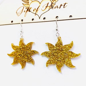 Gold Glitter Sun Earrings, Laser Cut Sparkly Statement Earrings, Acrylic Earrings Pierced or Clip-on image 2