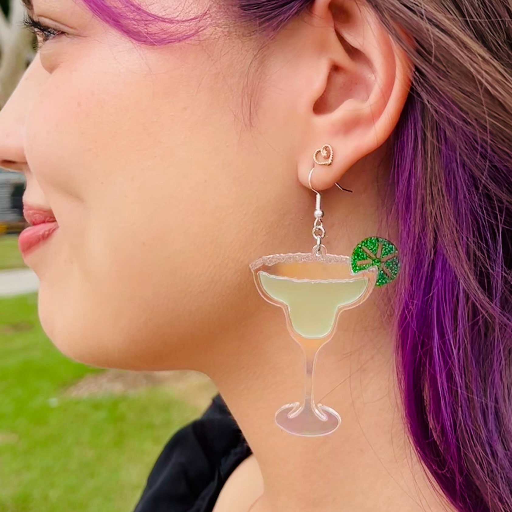 Iridescent Margaritas with Lime Acrylic Earrings, Food Cocktail Statement Earrings Pierced or Clip-on