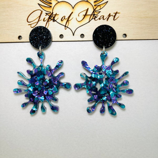 Purple and Teal Chunky Glitter Splat Earrings, Statement Earrings with Sterling Silver Posts