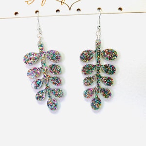 Rainbow Glitter Leaf and Twig Acrylic Earrings, Nature Statement Earrings, Tree Twigs Earrings Pierced or Clip-on
