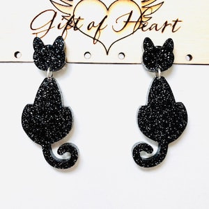 Black Glitter Cat Dangle Earrings, Halloween Acrylic Earrings, Black Cat Earrings with Sterling Silver Posts, Cat Lover Gift
