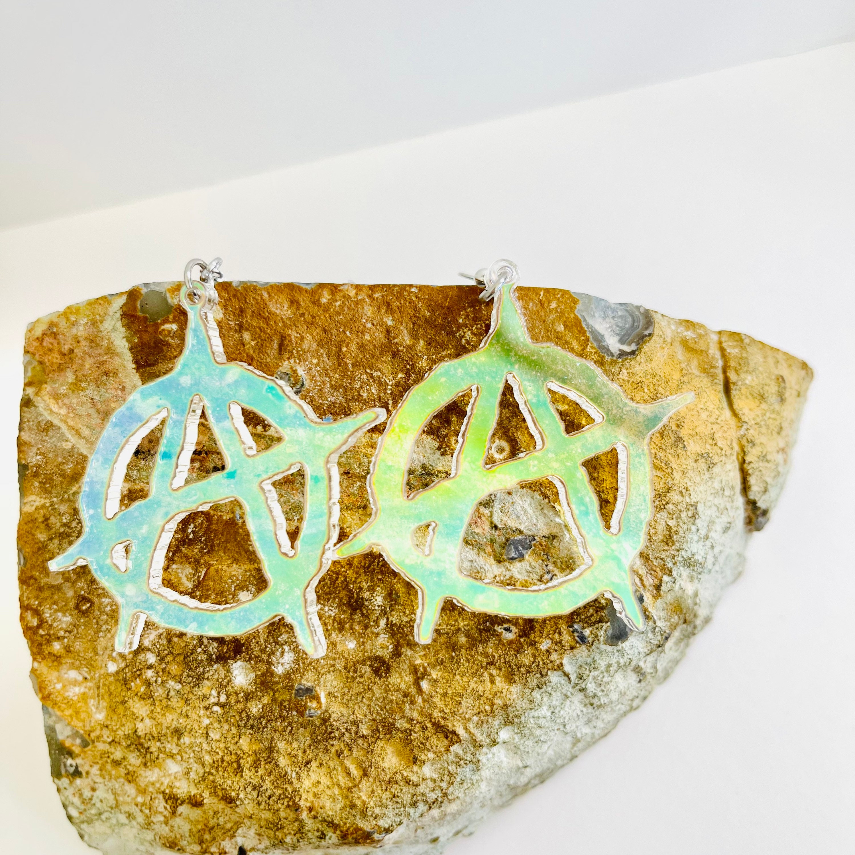 Iridescent Anarchy Acrylic Earrings, Radiant Reflective Anarchist ...