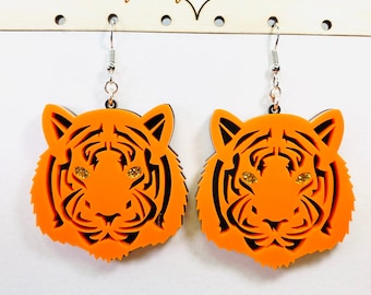 Tiger Head Acrylic Earrings, Laser Cut Tiger Statement Earrings Pierced or Clip-On, Mascot Earrings