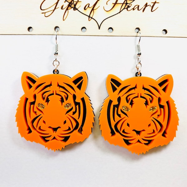 Tiger Head Acrylic Earrings, Laser Cut Tiger Statement Earrings Pierced or Clip-On, Mascot Earrings