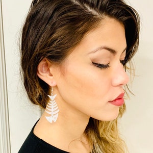 Fish Skeleton Bone Acrylic Earrings, Fish Bone Statement Earrings, Pierced or Clip-on image 5