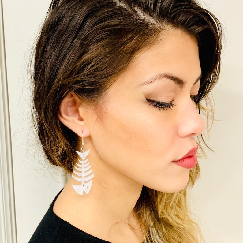 Fish Skeleton Bone Acrylic Earrings, Fish Bone Statement Earrings, Pierced or Clip-on image 5