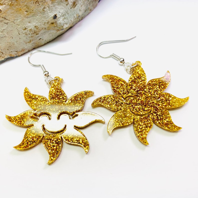 Gold Glitter Sun Earrings, Laser Cut Sparkly Statement Earrings, Acrylic Earrings Pierced or Clip-on image 1