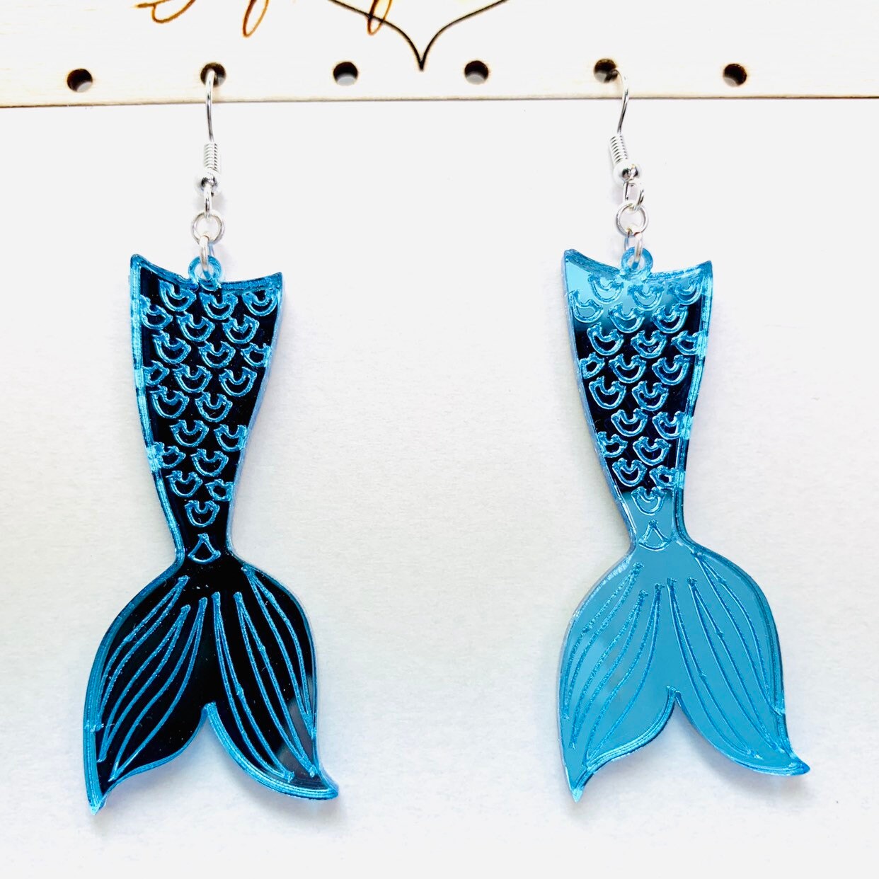 Laser Cut Mermaid Tail Acrylic Earrings, Blue Statement Earrings Pierced or Clip-on