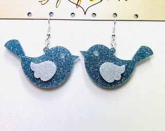 Bluebird Glitter Acrylic Earrings, Blue Bird Hope and Love Statement Earrings Pierced or Clip-on