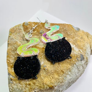 Black Cauldron Acrylic Earrings, Black Glitter Halloween Earring, Iridescent Statement Earrings Pierced or Clip-on(2 sizes) image 6