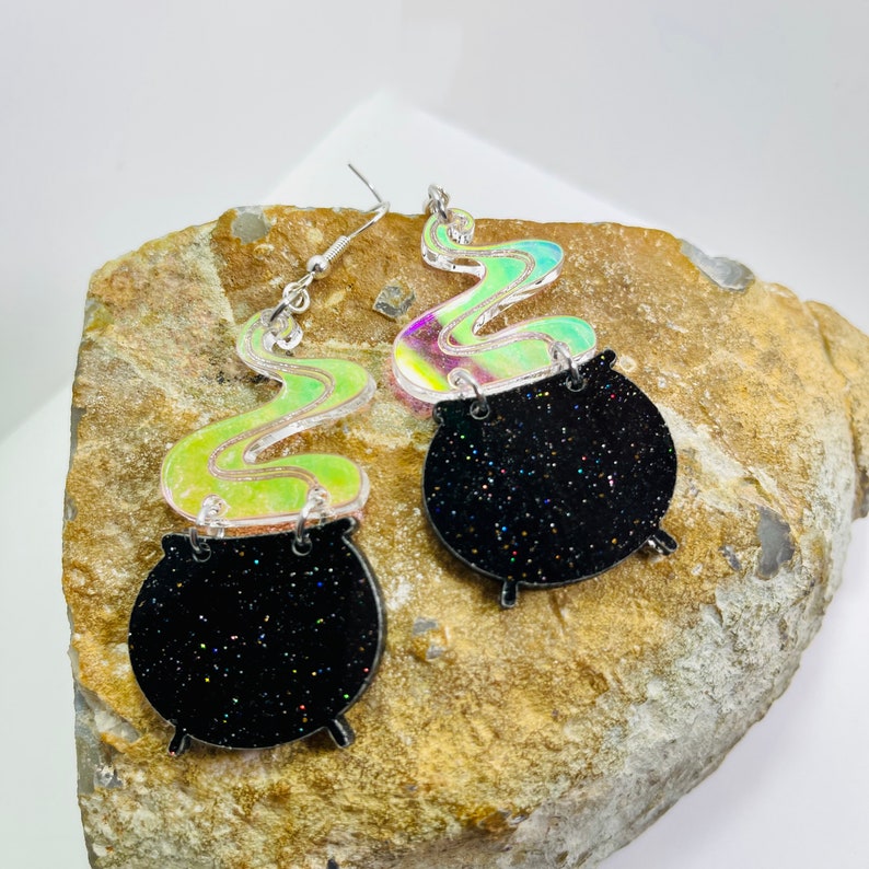 Black Cauldron Acrylic Earrings, Black Glitter Halloween Earring, Iridescent Statement Earrings Pierced or Clip-on(2 sizes) image 6