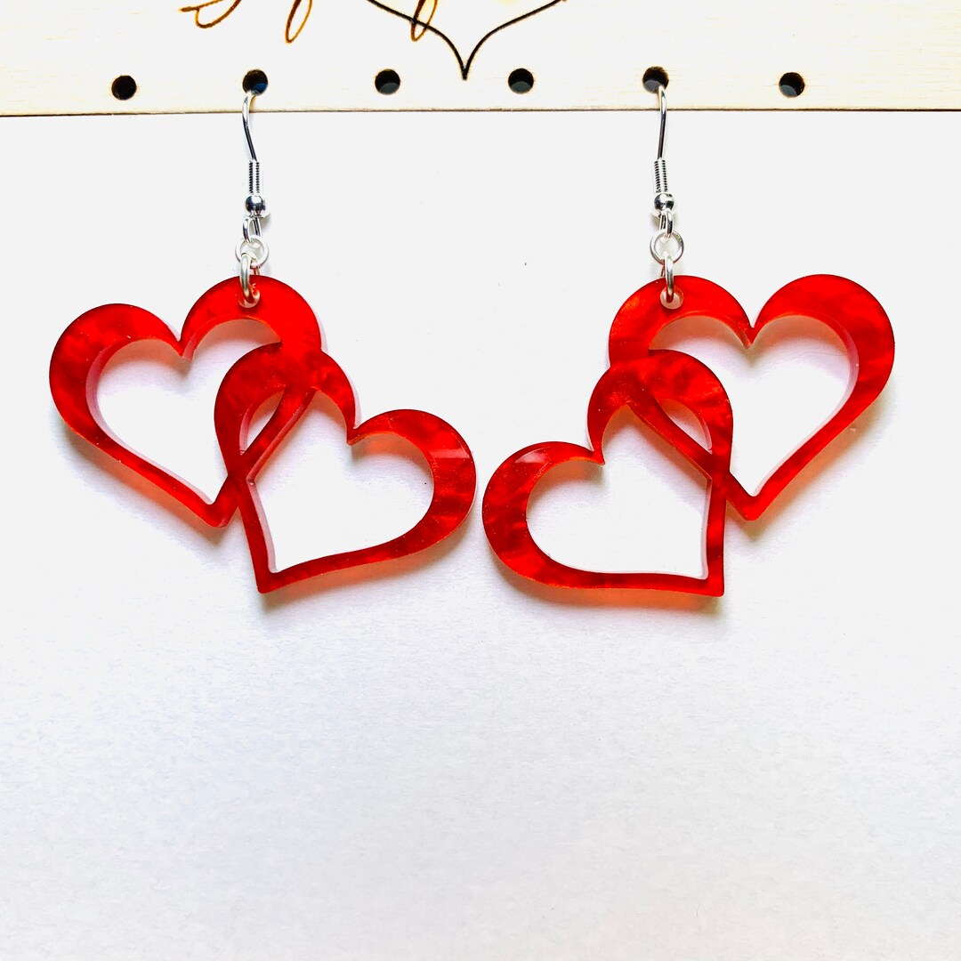 Two Intertwined Hearts Acrylic Earrings, Red Valentines Day Statement ...