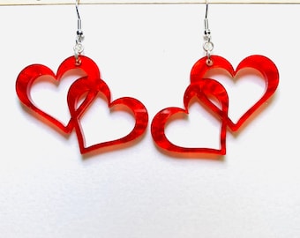 Two Intertwined Hearts Acrylic Earrings, Red Valentines Day Statement Earrings Pierced or Clip-on