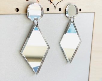 Diamond Shape Mirror acrylic Earrings, Laser Cut Geometric Statement Earrings with Sterling Silver Posts