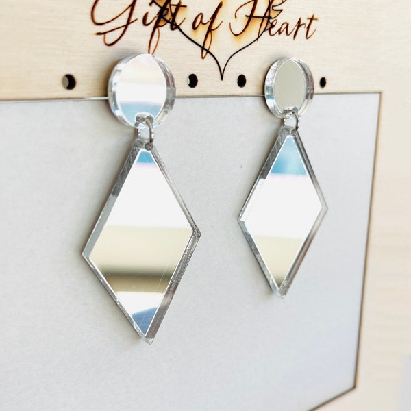 Diamond Shape Mirror acrylic Earrings, Laser Cut Geometric Statement Earrings with Sterling Silver Posts