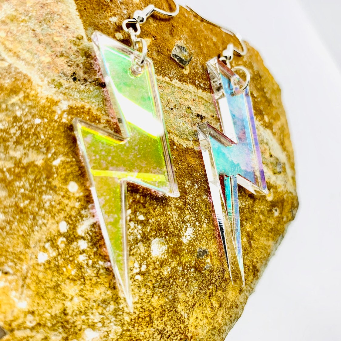 Iridescent Lightning Bolt Earrings, Rainbow Statement Earrings, Thunderbolt Earrings Pierced or Clip-on, Weather Earrings