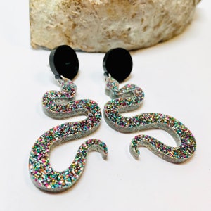 Rainbow Glitter Snake Dangle Earrings, Laser Cut Acrylic Earrings, Serpentine Earrings with Sterling Silver Posts