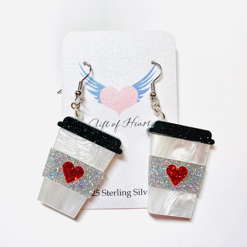 Laser Cut Coffee Glitter Statement Earrings Cup of Java Pierced or Clip-On Cup of Latte Acrylic Earrings