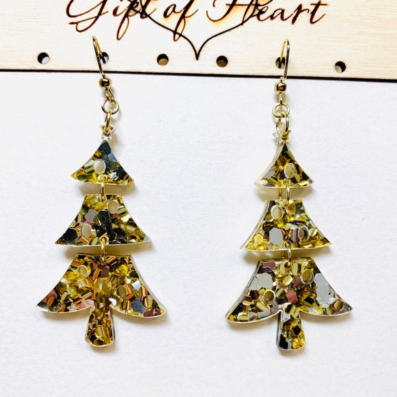 Christmas Earrings Christmas Tree Earrings Gold Glitter Etsy