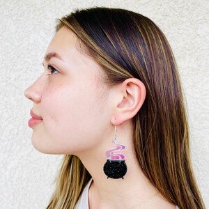 Black Cauldron Acrylic Earrings, Black Glitter Halloween Earring, Iridescent Statement Earrings Pierced or Clip-on(2 sizes) image 3