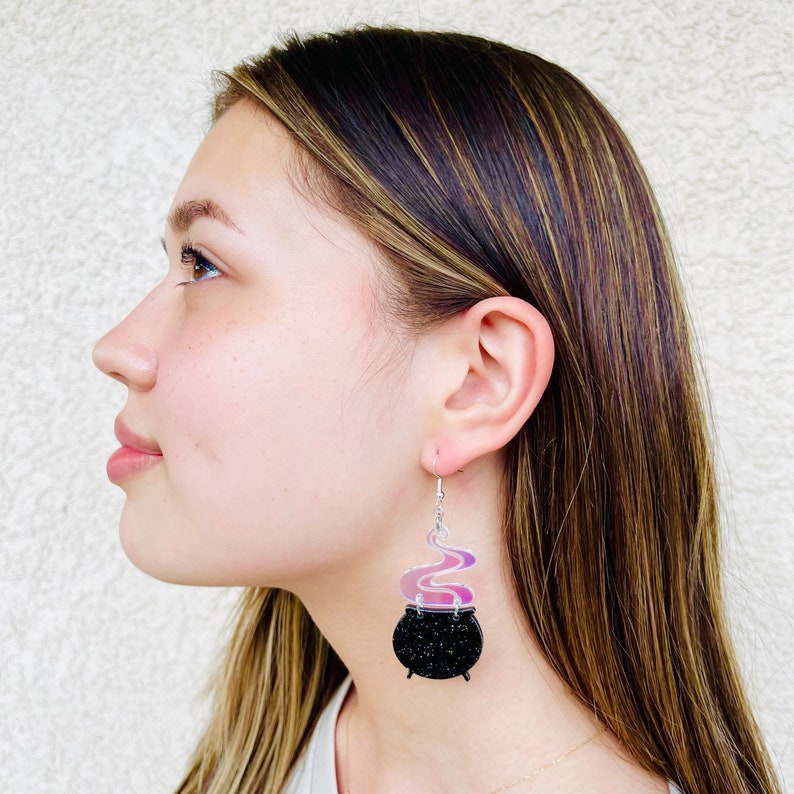 Black Cauldron Acrylic Earrings, Black Glitter Halloween Earring, Iridescent Statement Earrings Pierced or Clip-on(2 sizes) image 3