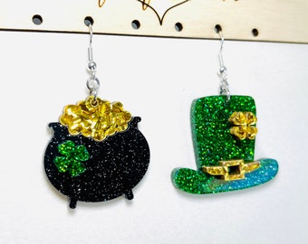 Mismatched Leprechaun Hat and Pot of Gold Acrylic Earrings, St. Patrick's Day Statement Earrings Pierced or Clip-on