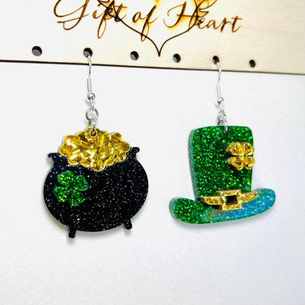 Mismatched Leprechaun Hat and Pot of Gold Acrylic Earrings, St. Patrick's Day Statement Earrings Pierced or Clip-on