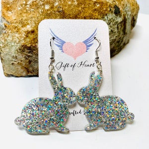 Laser Cut Rainbow Glitter Rabbit Acrylic Earrings, Easter Bunny Statement Earrings, Gift for Rabbit Lovers
