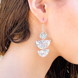 Silver Glitter Geometric Earrings, Laser Cut Semi-Circle Statement Earrings Pierced or Clip-On