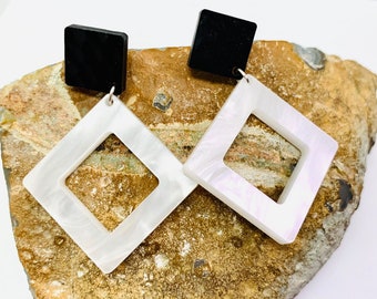 Black and White Geometric Acrylic Earrings, Square Statement Earrings with Sterling Silver Posts