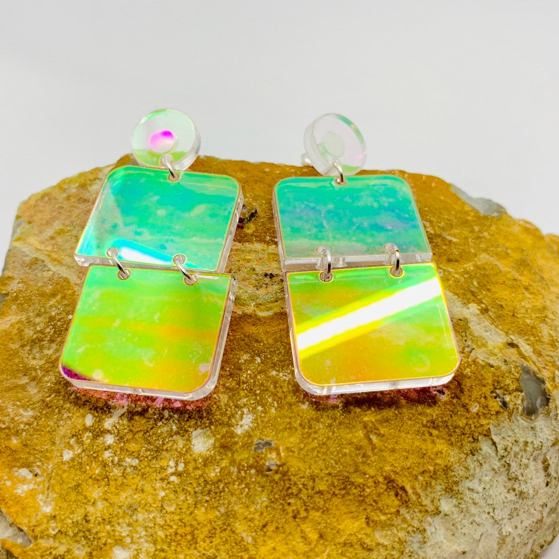 Laser Cut Iridescent Double Squares Acrylic Earrings Rainbow Etsy