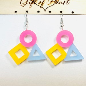 Colorful Geometric Acrylic Earrings, Pink Yellow and Blue Acrylic Statement Earrings Pierced or Clip-on