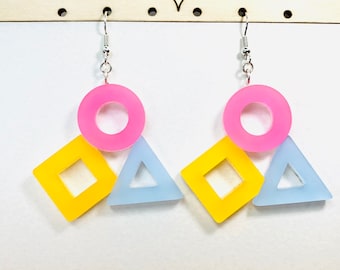 Colorful Geometric Acrylic Earrings, Pink Yellow and Blue Acrylic Statement Earrings Pierced or Clip-on