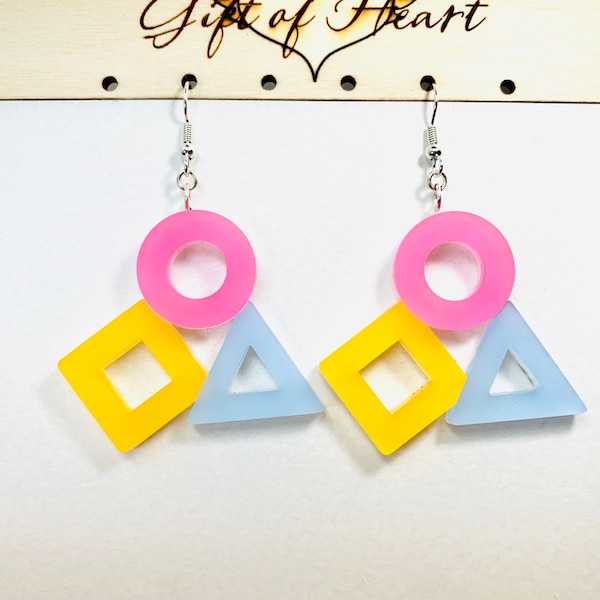 Colorful Geometric Acrylic Earrings, Pink Yellow and Blue Acrylic Statement Earrings Pierced or Clip-on