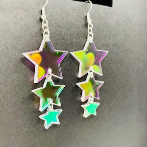 Iridescent String of Stars Acrylic Earrings, Rainbow Statement Earrings, Chic Boho Earrings, Pierced or Clip-on