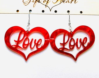 Red Love Heart Acrylic Earrings, Valentines Day Statement Earrings Pierced or Clip-on