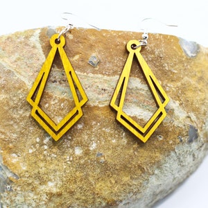 Laser Cut Yellow Geometric Wood Earrings, Wooden Boho Earrings, Statement Earrings, Gift for Her, Bridesmaid Gift, Sterling Silver