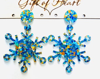Sparkly Snowflake Earrings, Holiday Blue and Gold Glitter Acrylic Statement Earrings with Sterling Silver Posts