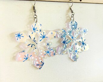 Iridescent Snowflake Earrings, Winter Festive Acrylic Statement Earrings Pierced or Clip-on