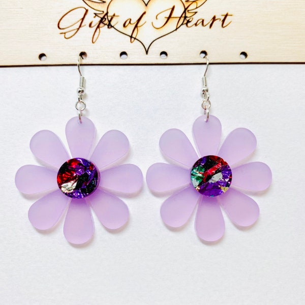 Frosted Purple Daisy Flower Acrylic Earrings, Floral Statement Earrings, Pierced or Clip-on