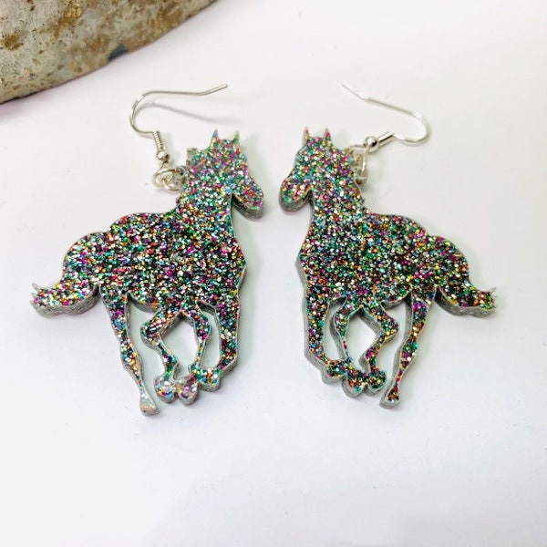 Rainbow Glitter Horse Acrylic Earrings, Galloping Stallion Equine Statement Earrings Pierced or Clip-On
