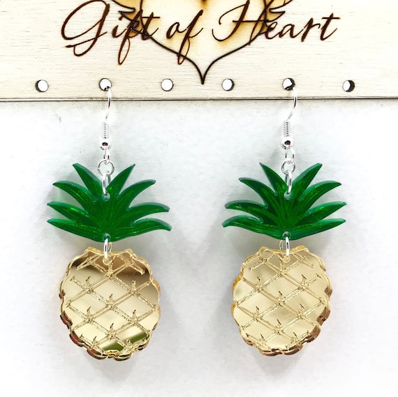 Golden Pineapple Acrylic Earrings Vacation Earrings Tropical Fruit Statement Earrings Pierced or Clip on