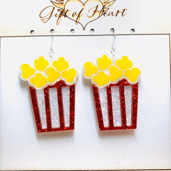 Tub of Movie Popcorn Acrylic Earrings, Food Glitter Statement Earrings Pierced or Clip-on