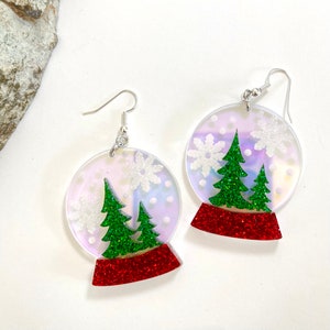 Medium Iridescent Snow Globe Earrings, Christmas Rainbow Acrylic Statement Earrings Pierced or Clip-on