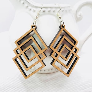 Laser Cut Wood Earrings, Stacked Squares Geometric Earrings, Wooden Boho Earrings, Intricate Statement Earrings