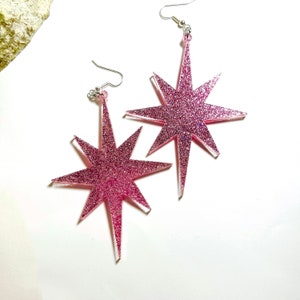 Large Pink Glitter Star Earrings, Music Festival Glitter Statement Earrings Pierced or Clip-on