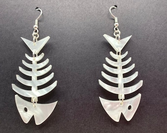 Fish Skeleton Bone Acrylic Earrings,  Fish Bone Statement Earrings, Pierced or Clip-on